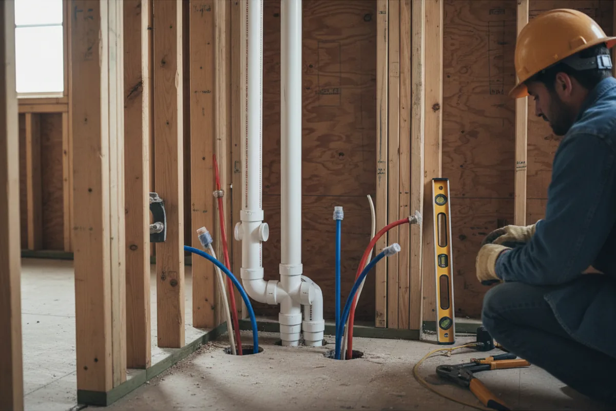 Drain and supply rough-in during Sump Pump Repair in Farmland