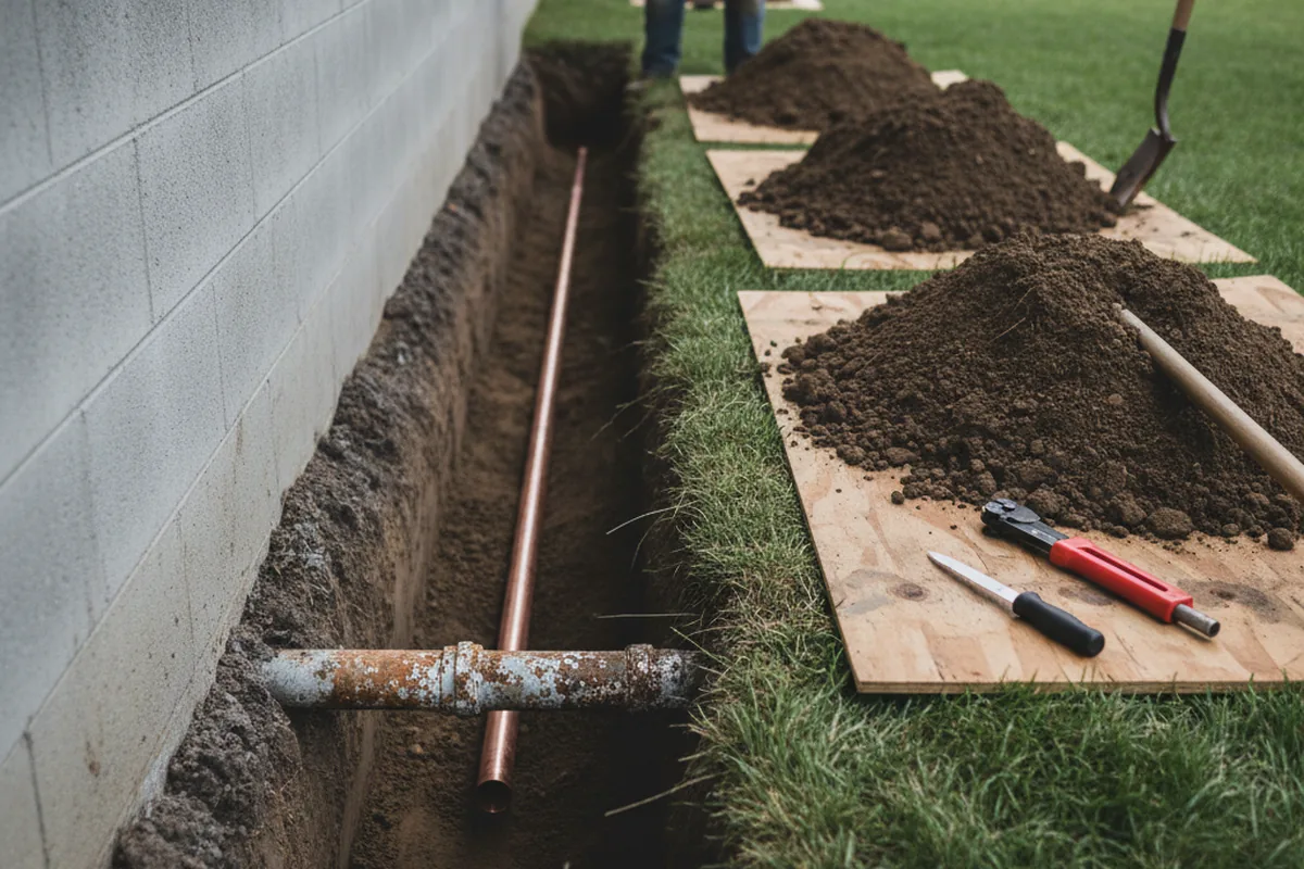 Excavated water line trench during Water Softener Installation in Farmland